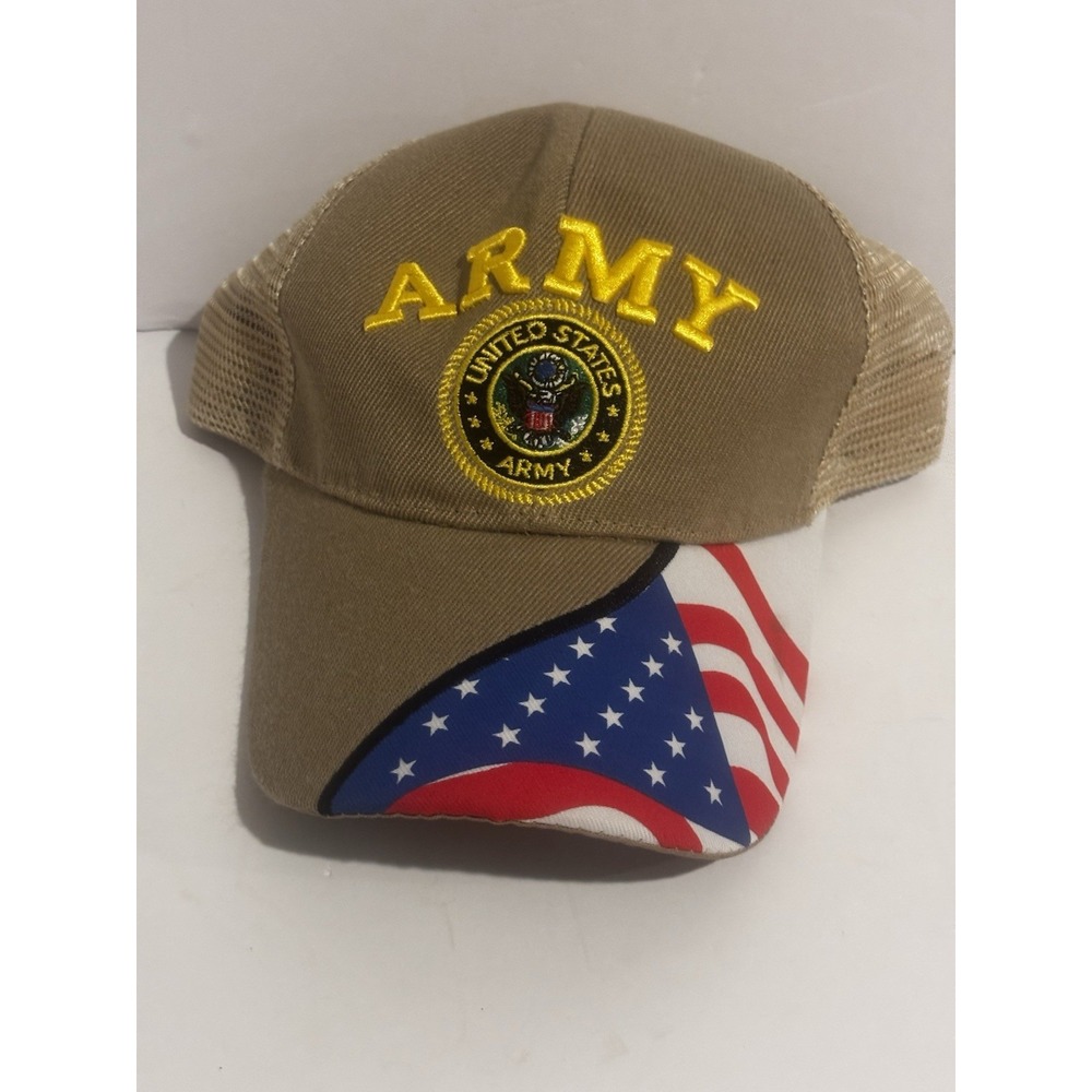 US Army Hat American Flag Bill Mesh Trucker Cap Khaki Military Veteran USA